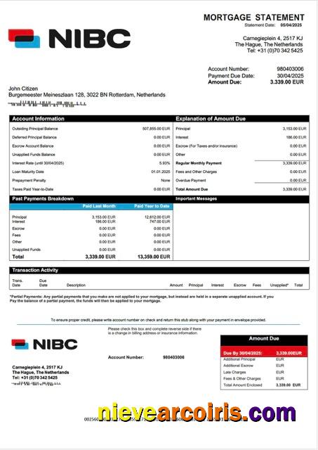 Netherlands NIBC Bank mortgage statement Word and PDF template